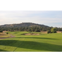 A semi-hidden desert wash short of the 11th green will collect errant shots on the par-5 11th hole at Talking Rock G.C. in northern Arizona.